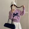 Girly bow jacquard crew neck sweater women's autumn and winter new lazy wind outside knitted sweater top
