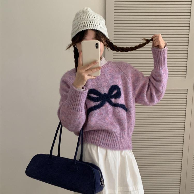 Girly bow jacquard crew neck sweater women's autumn and winter new lazy wind outside knitted sweater top