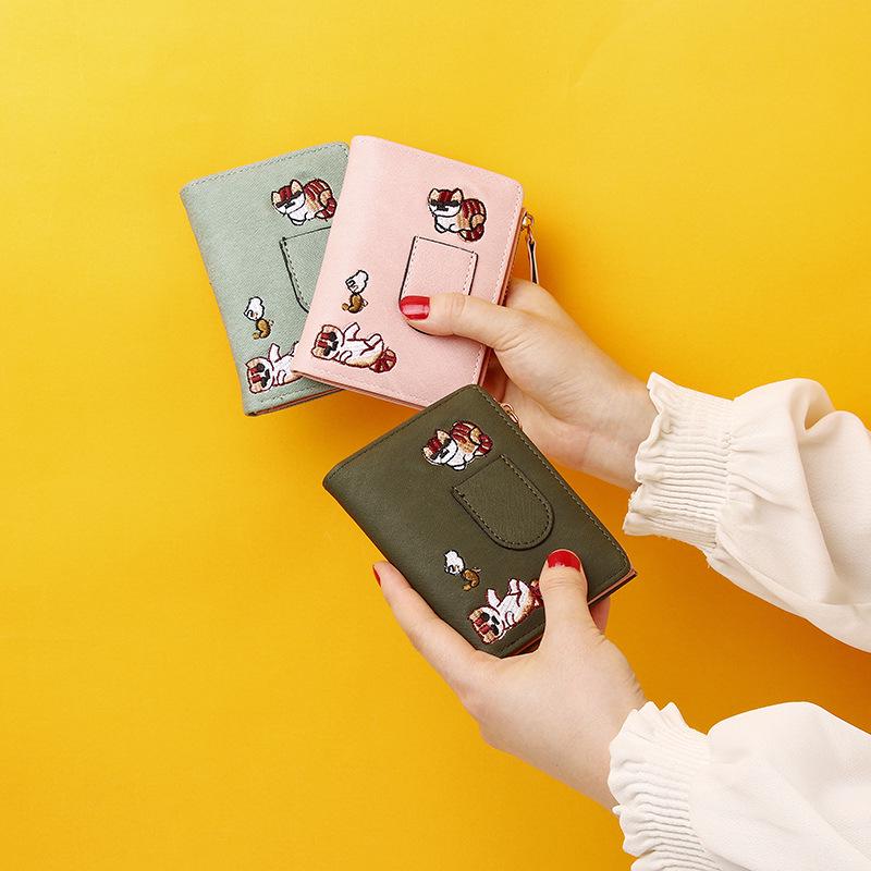 Women's Short Korean Cartoon Cat Wallet & Coin Purse - Cute Embroidered Kitten Card Holder