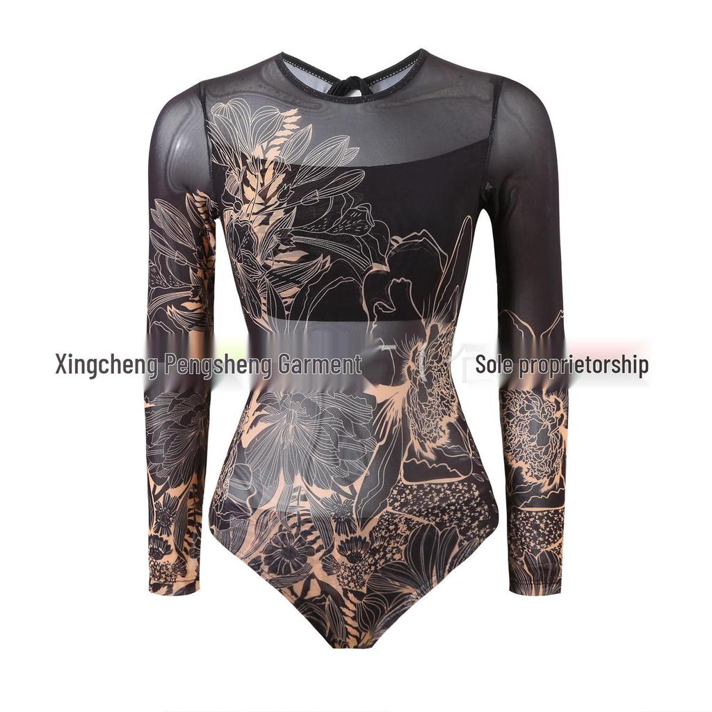 Women's Long Sleeve Mesh Sun Protection One-Piece Swimsuit with Skirt