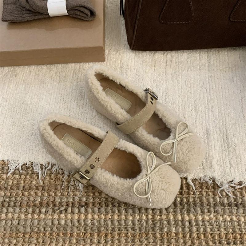 Fashion 2025 Spring Autumn Women Ballet Flat Shoes Fashion Shallow Slip On Ladies Fur Mary Jane Shoes Soft Outdoor Granny Shoes Women