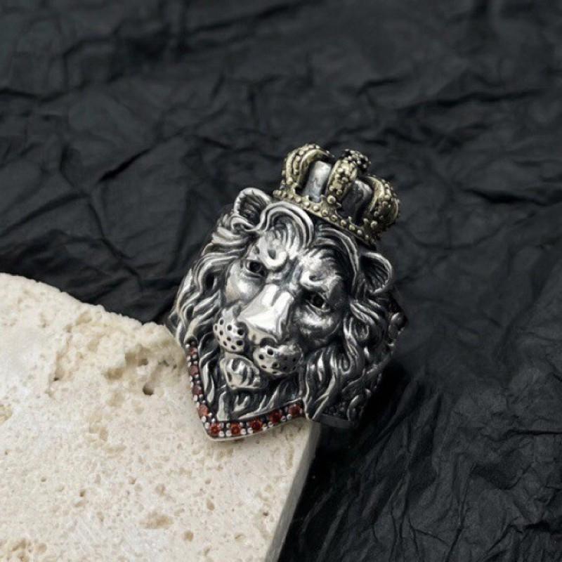 Adjustable Lion Head Ring With Crown Design Men Women Sterling Vintage Statement