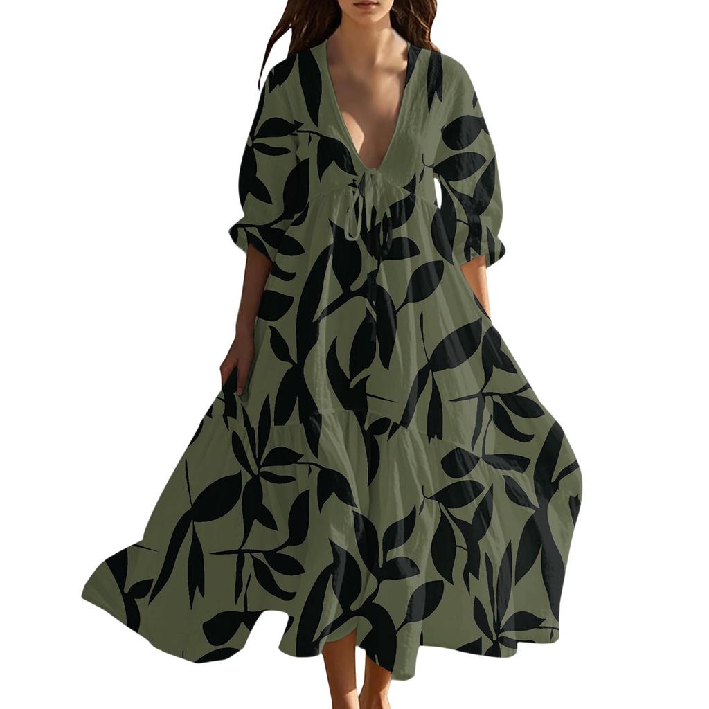 Rochie Lungă de Plajă de Vară pentru Femei, cu Decolteu în V, Vintage, cu Imprimeu Floral, cu Șireturi și Aplicații