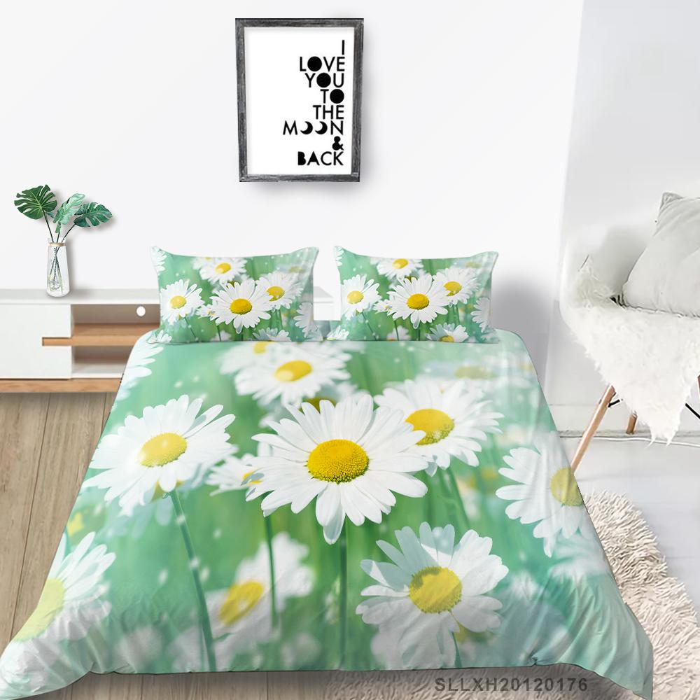 3D-Bettwäsche mit kleinem Gänseblümchenmuster, Einzelbett, Doppelbett, volle Größe, Pflanzen-Chrysanthemen-Muster, Kissenbezug und Bettbezug, 2 oder 3 bequeme Heimdekoration