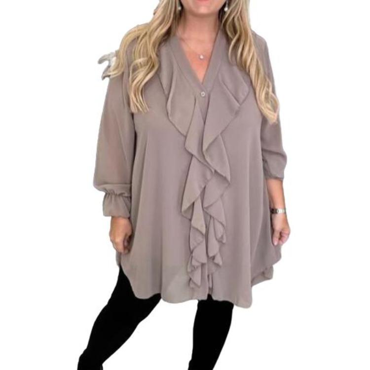 Casual Women Blouse V Neck Loose Fit Long Sleeve Ruffle Trim Solid Color Chiffon Daily Wear Tops