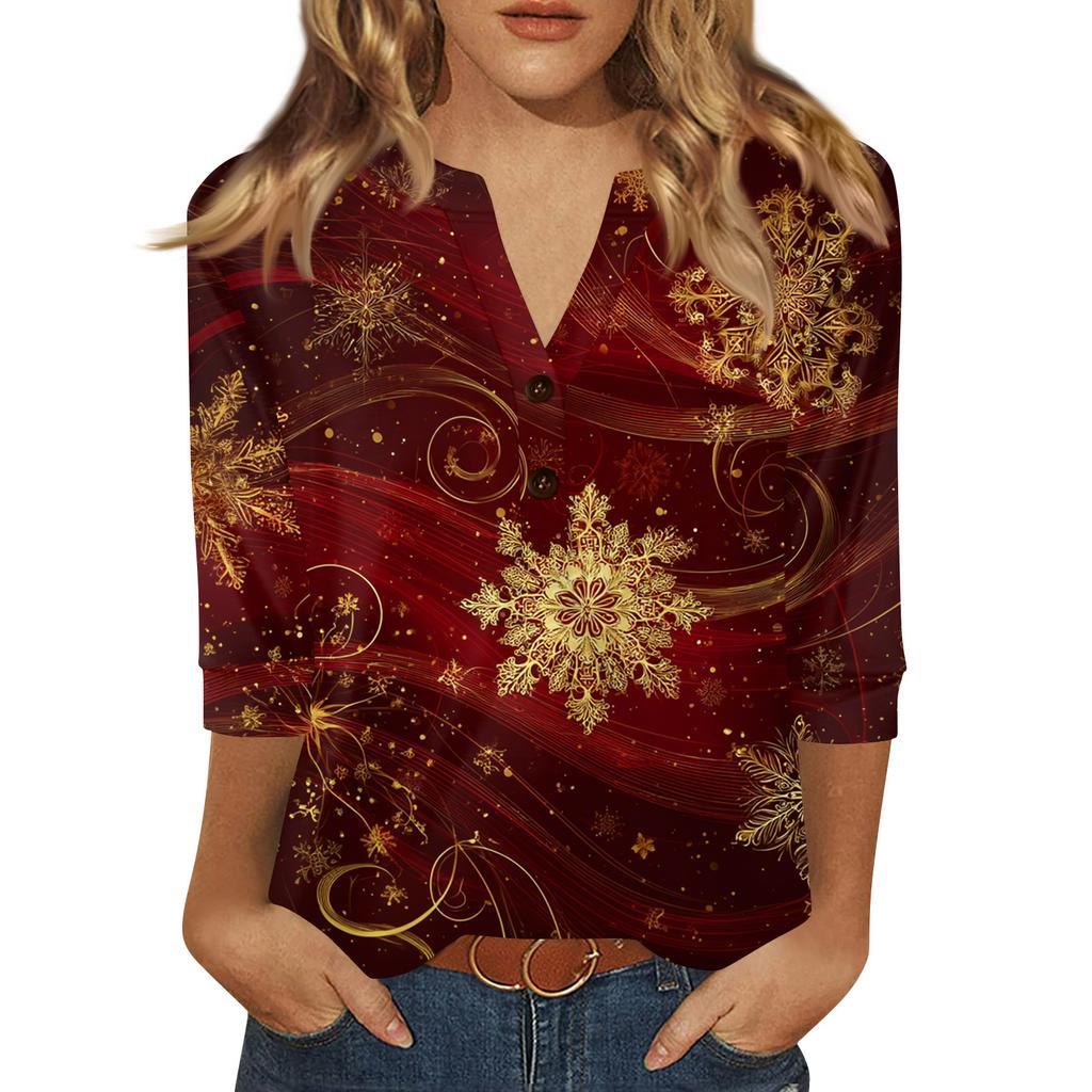 Women's T Shirt Print Button 3/4 Sleeve Daily Weekend Fashion Basic V- Neck Regular Top
