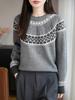 Women's Fair Isle Jacquard Knit Wool Sweater, Retro Round Neck, Long Sleeve, Thickened and Warm Base Layer.