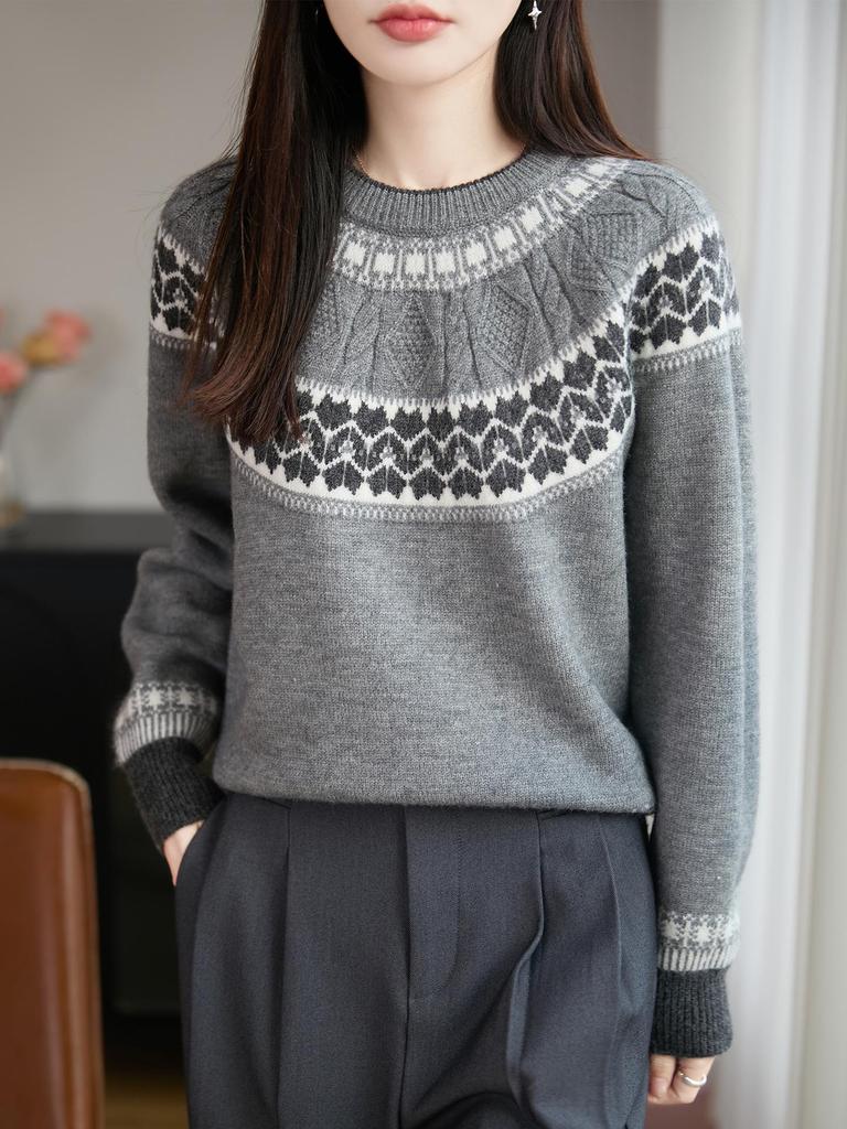 Women's Fair Isle Jacquard Knit Wool Sweater, Retro Round Neck, Long Sleeve, Thickened and Warm Base Layer.