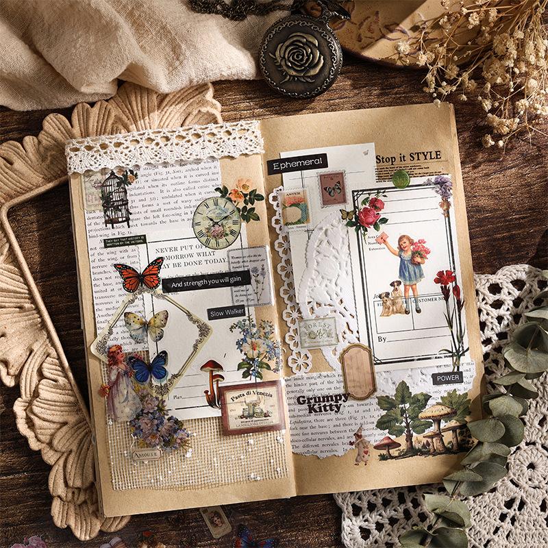 100 Sheets Waterproof PET Stickers Vintage Butterfly Flower Girl DIY Account Material Sticker