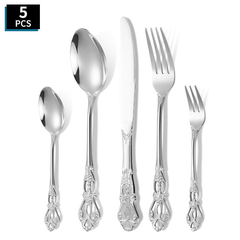 Royal Court Embossed Stainless Steel Cutlery Set – Retro Hollowed Knife, Fork, and Spoon