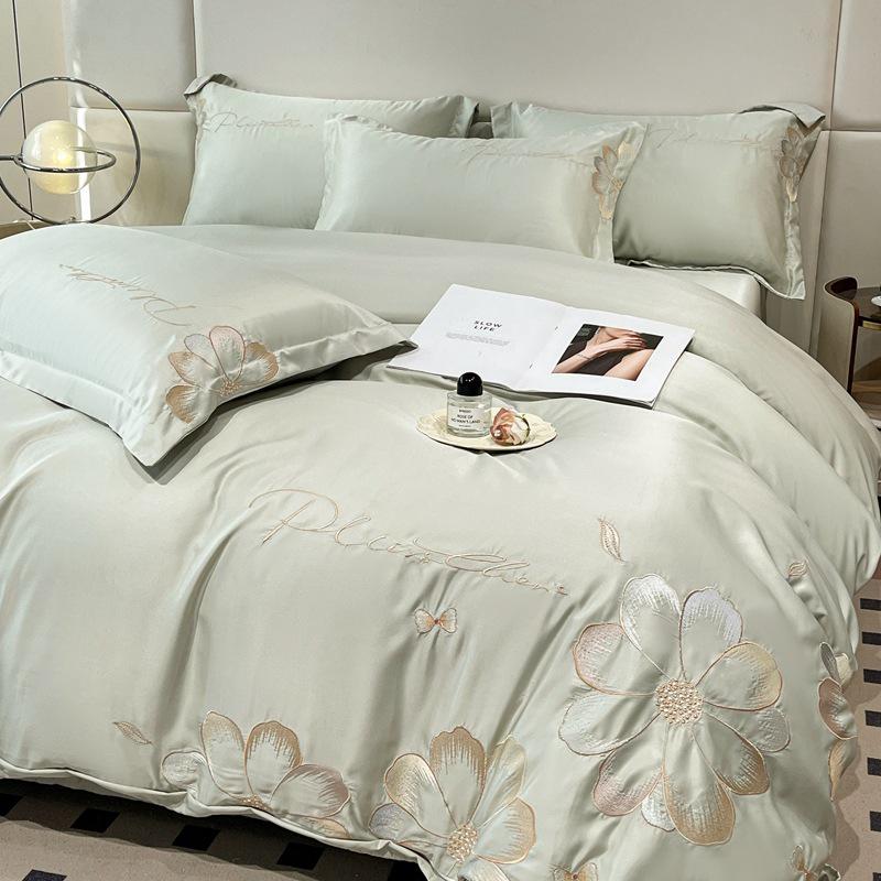 Hepburn Series: Luxurious Floral Embroidery Cotton Bed Sheet Set - Skin-Friendly, Fitted Style, Four-Piece