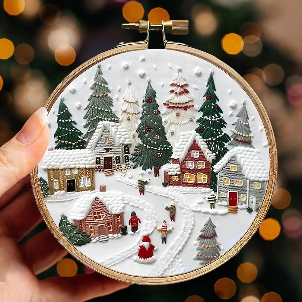 Christmas Cross Stitch Embroidery Kit Includes Hoop Cloth Threads Handmade Sewing Art Craft Kit DIY Embroidery Kit for Beginners