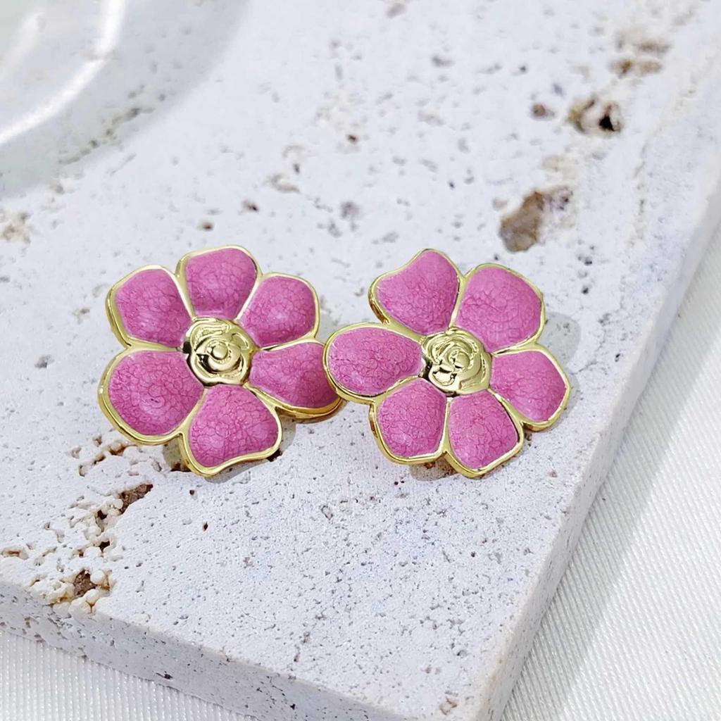 French Retro Flower Oil Drip Five-Petal Earrings for Women