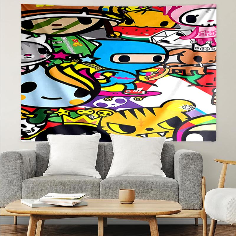 Tokidoki Print Tapestry, Backdrop, Easy Setup, Ideal for Bedroom, Office & Living Room, with Aesthetic Wall Hanging Decor.