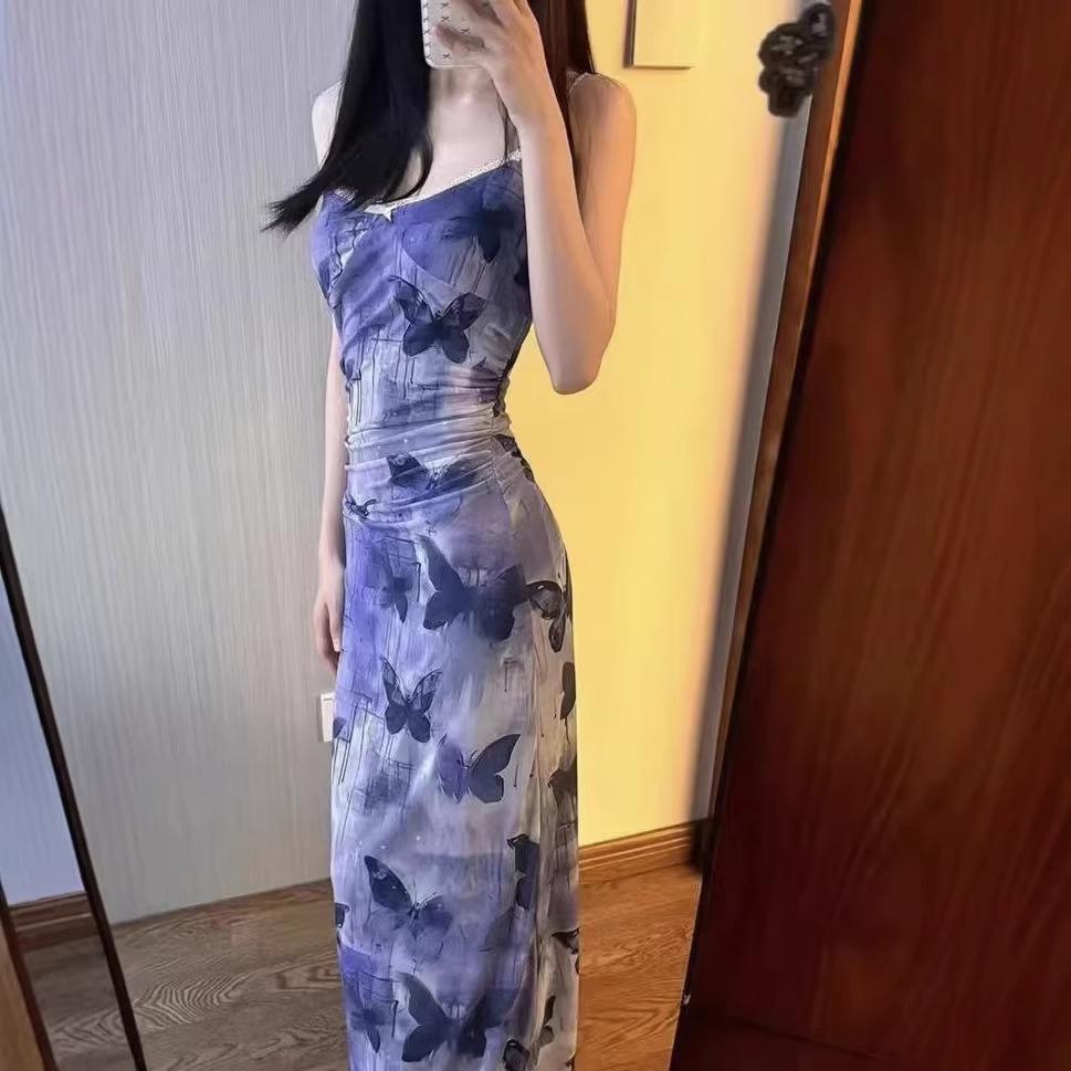 French seaside vacation purple butterfly floral suspender dress children summer sexy waist slim skirt