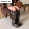 Vintage Rivet Women Western Cowgirl Boots Fashion Slip On Knight Long Booties Square Heels Shoes Largas De Mujer