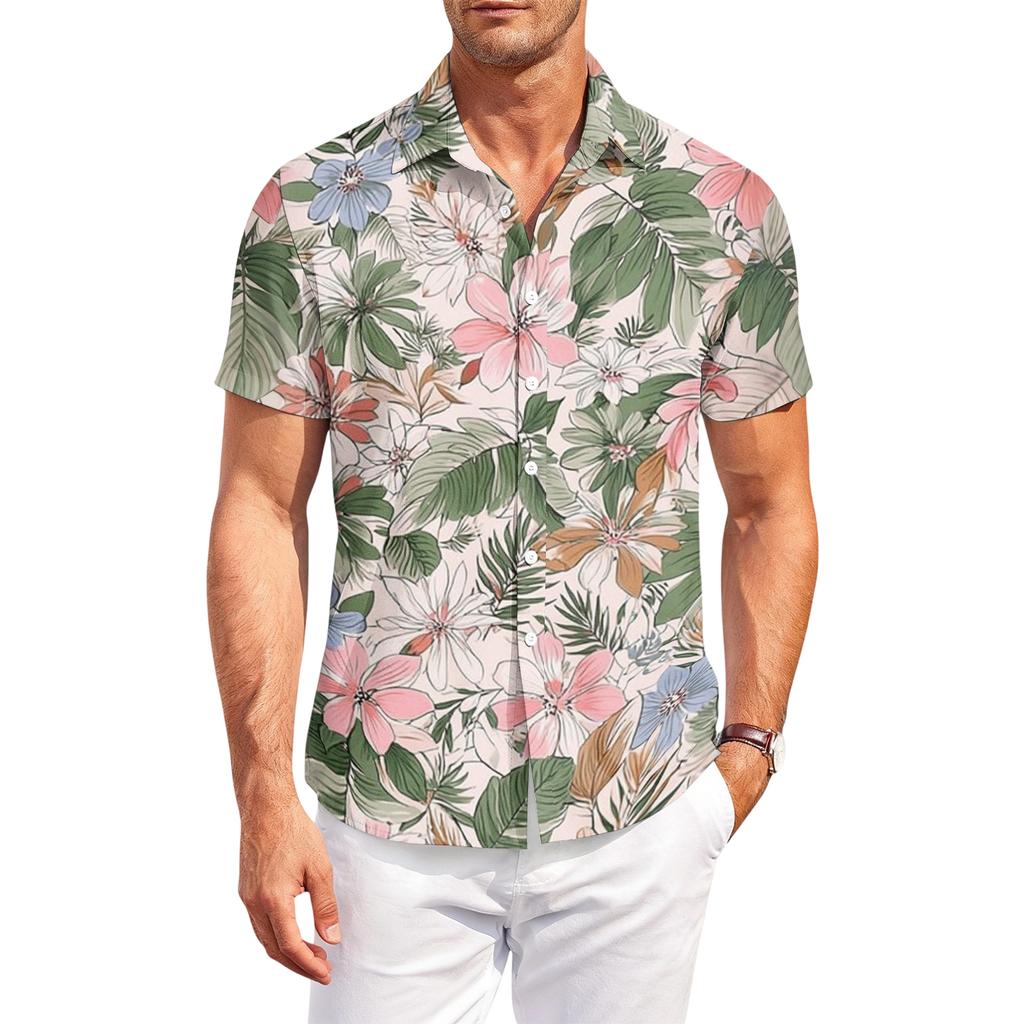 Casual losvallend herenshirt met korte mouwen, tropische bloemenprint, knoopsluiting, voor zomer, strand, buiten