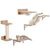 4PCs Wall-mounted Cats Climbing Shelf Set Cat Tree Kitten Perch Activity Center with Hammock Scratching Post Jumping Platform Brown