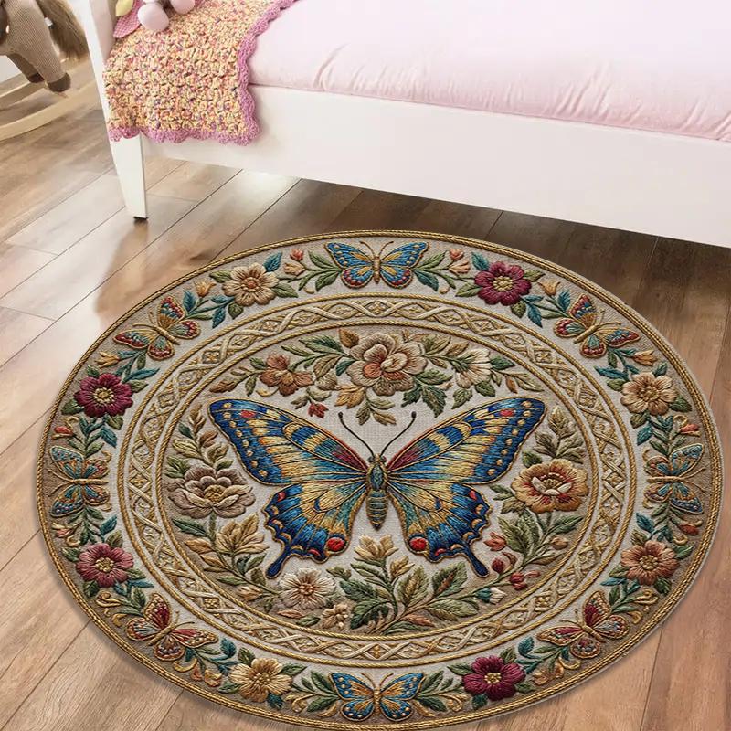 Tappeto Rotondo Retrò con Farfalle, Tappeto per Soggiorno Camera da Letto Divano Sala Giochi Decorazione, Tappetino Antiscivolo 86