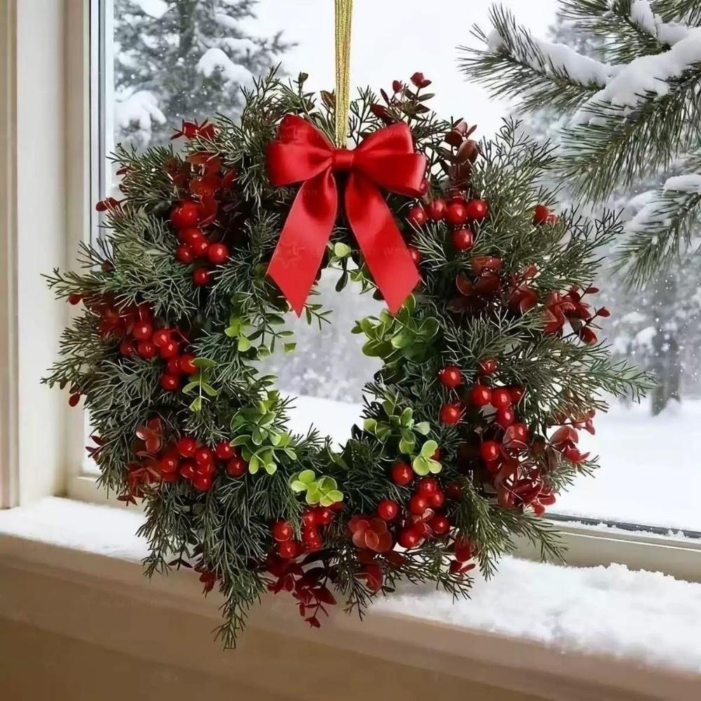 Realistic Design Christmas Wreath Velvet Bow Faux Greenery Wreath  Indoor Decor