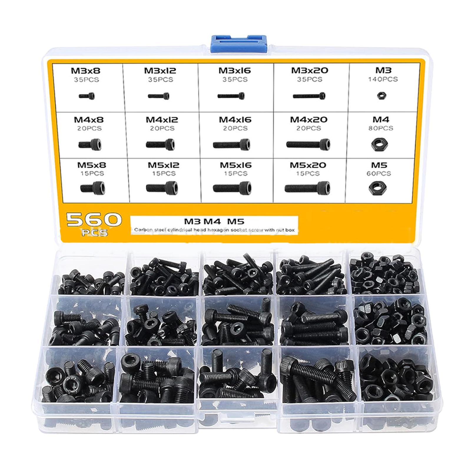 

560pcs 3 4 5mm Carbon Steel Machine Screws Nuts and Bolts Replacement Socket Head Cap Screws Hardware Assortment Set