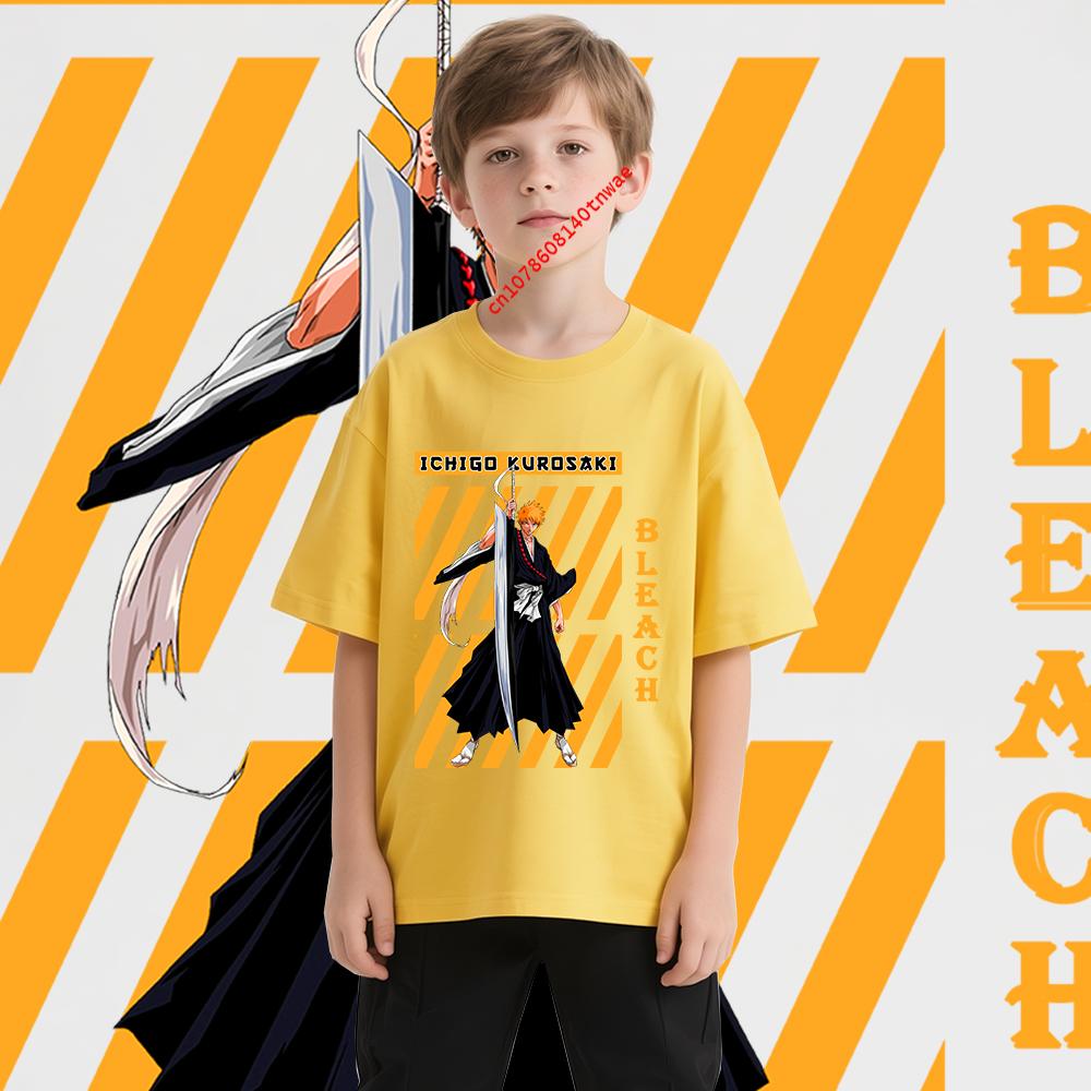 Bleach Ichigo Kurosaki Anime Print Cotton T Shirt for Boys Cartoon T shirts Kids Short Sleeve Tee Childrens Clothing