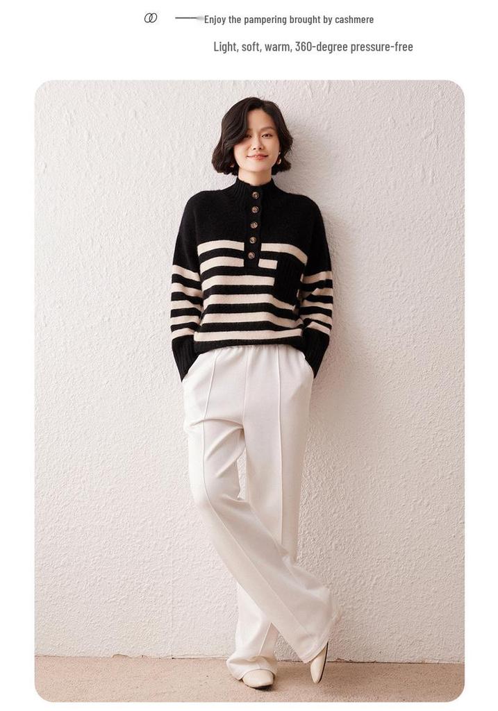 Lekasha Cashmere Striped Knit Sweater - Versatile, Skin-Friendly, Loose Fit for Autumn/Winter