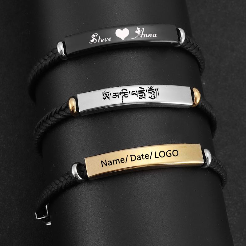 Customized Engraved Name Text Braided Rope Chain Bracelet Stainless Steel Carve Anniversary Date  for Women Men