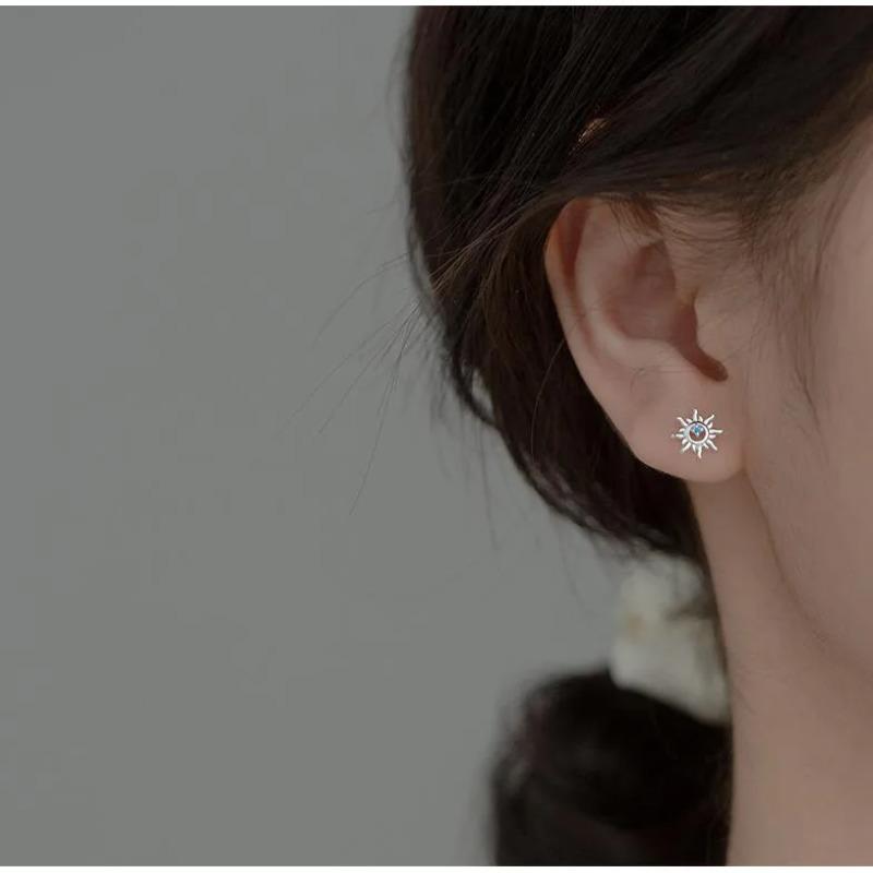 925 Silver Blue Zircon Sun Small Stud Earrings For Women Piercing Wedding Luxury Jewelry Jewellery Money 925