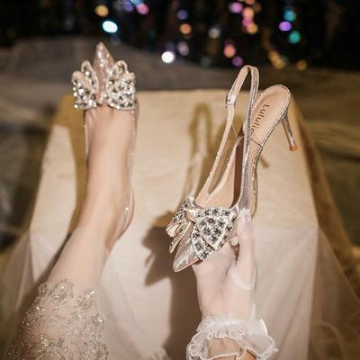 2025 New Crystal Wedding Shoes Thin Heel Pointy Baotou Autumn Bride Shoes Rhine-Diamond Bridesmaid High Heel Sandals