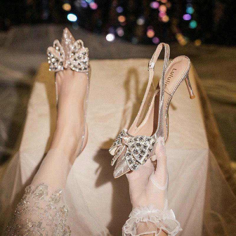 Fashion 2025 New Crystal Wedding Shoes Thin Heel Pointy Baotou Autumn Bride Shoes Fashion Rhine-Diamond Bridesmaid High Heel Sandals