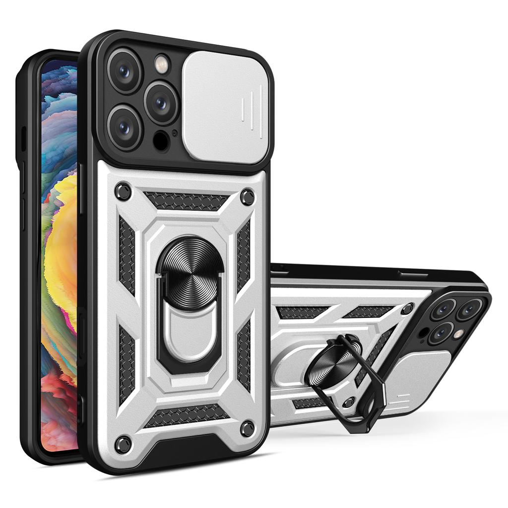 For iPhone 16 Pro Case with Slide Camera Lid PC+TPU Kickstand Phone Cover