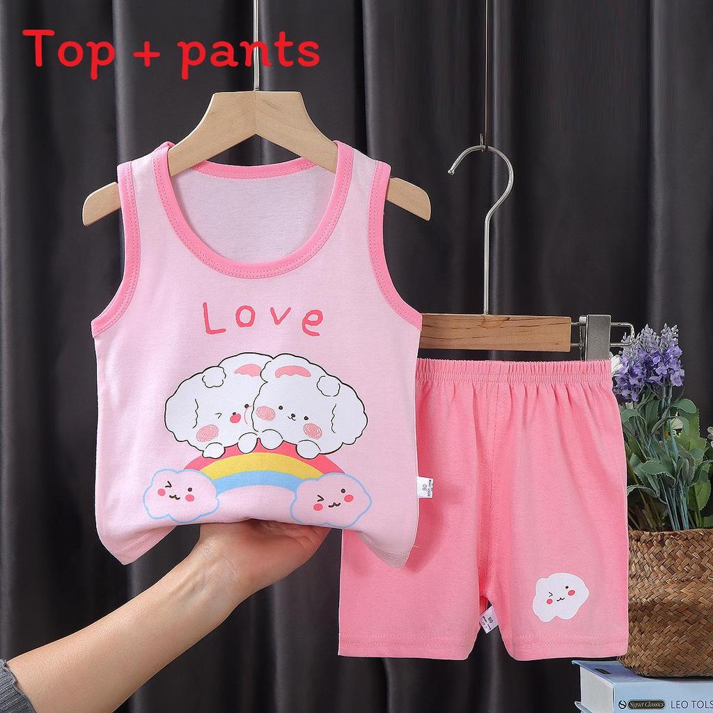 Cotton Kids Summer Sleeveless Shorts Set With Animal Cartoon Prints For Boys And Girls