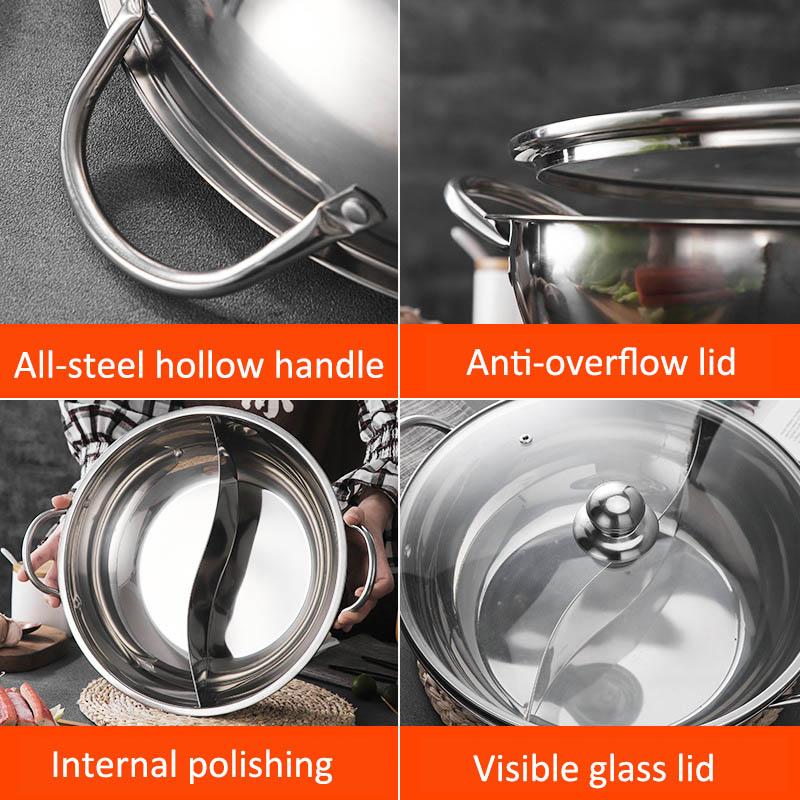 Chinese Hot Pot with Lid Thicken Stainless Steel 2 In 1 Divided Hotpot Kitchen Cooking Pan with Cover Gas Stove Induction Cooker