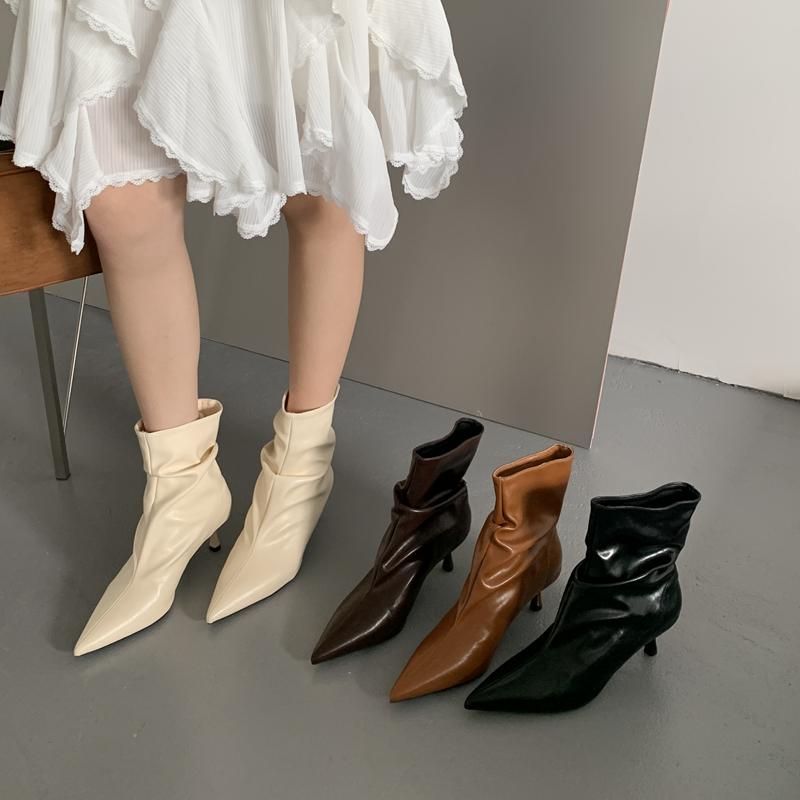 Fashion SUOJIALUN 2025 Winter New Brand Women Short Boots Fashion Pleated Pointed Toe Slip On Thin High Heel Ladies Elegant Chelsea Pump