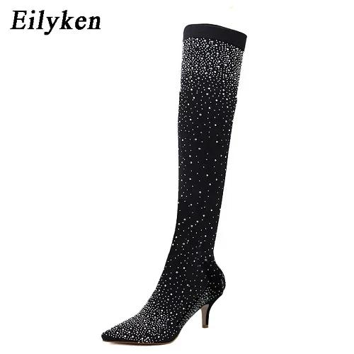Fashion Eilyken Design Crystal Stretch Fabric Pointed Toe Women Over The Knee Boots Sexy Stiletto High Heel Dance Night Club Shoes