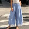 Bohemian Lace Pants Women Cropped Hem Pants, Summer Wide Leg Trousers Casual Loose Drawstring Waist Lightweight with Pockets Elastic