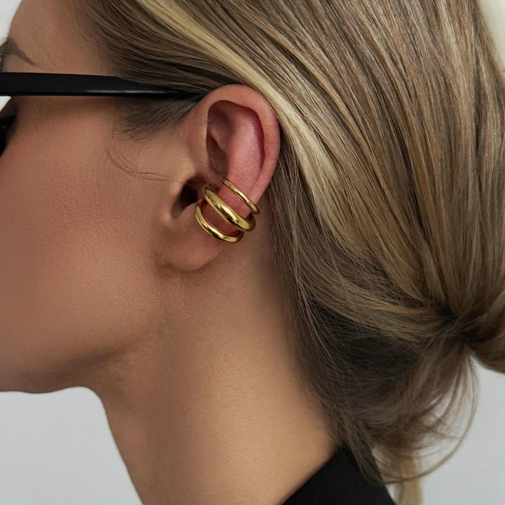 

Stainless Steel C Shape Ear Cuff Silver Chunky Triple Ring Clip Trend Stud Earrings Party Style 1