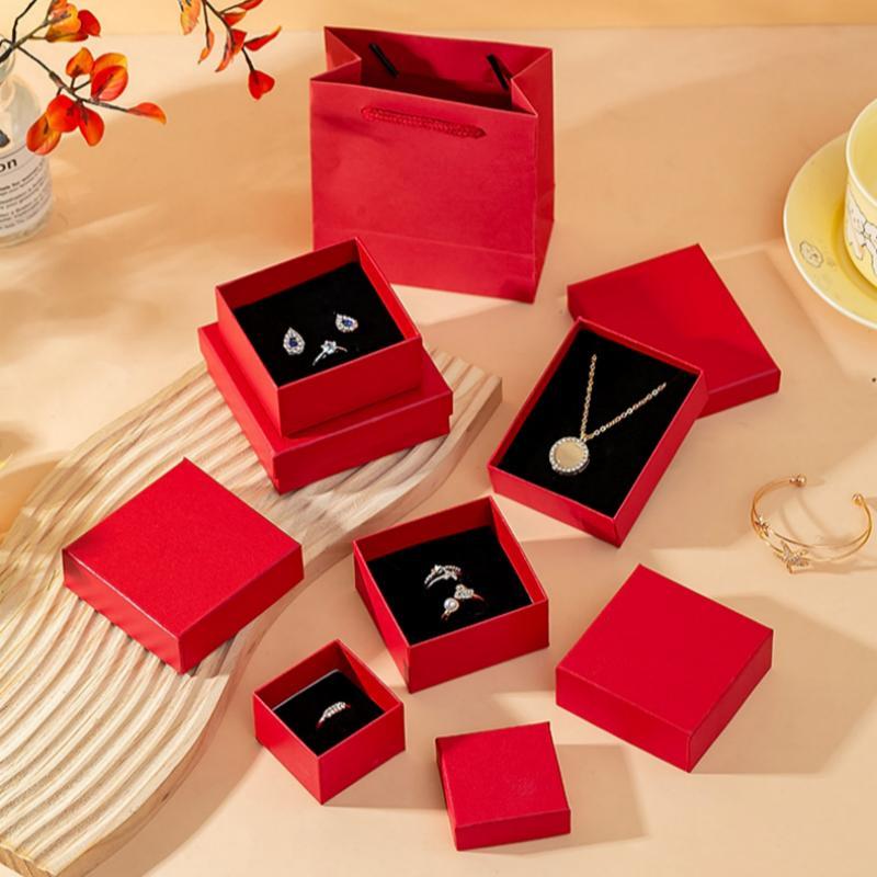 Red Jewelry Box With Cotton Pad Paper Jewelry Case Travel Portable Ring Earrings Necklace Gifts Packageing Storage Boxes