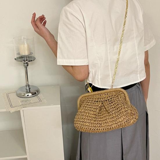 Women Shoulder Bag Slim Metal Chain Straw Braided Solid Color Large Capacity Handbag Shell Shape