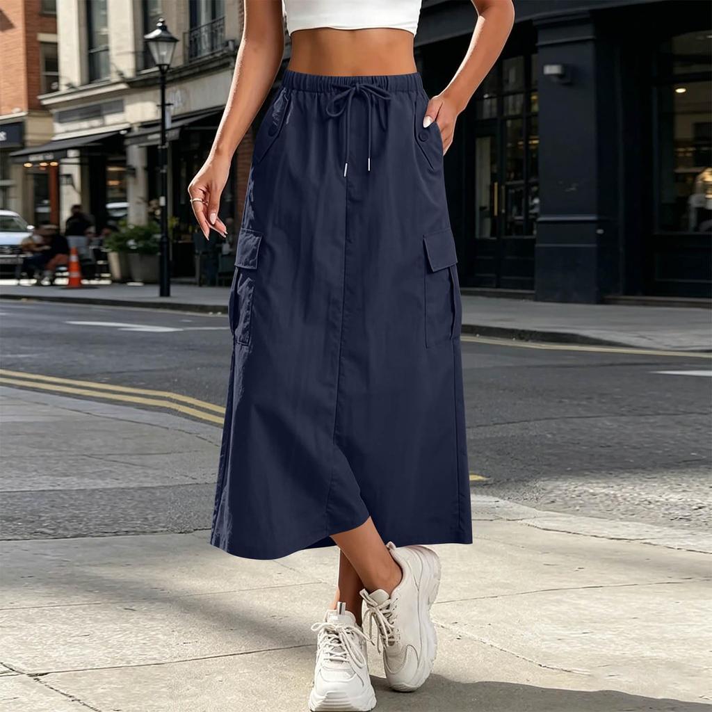 Women's High Waisted Cargo Skirt with Elastic Waist, Pockets and Slit, Color Casual Skirt for Everyday Wear