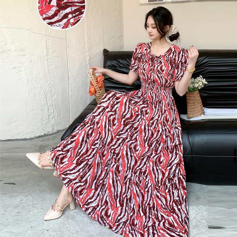 Summer Cotton Silk Floral Print Maxi Dress Bohemian Beachwear High Waist Young Women's Large Skirt Swing Dress