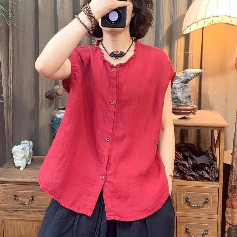 Women Purple Linen Blend Ruffle Trim Stand Collar Sleeveless Button Up Shirt