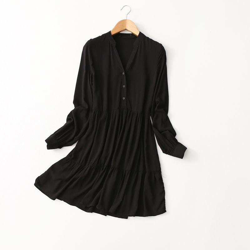 Export Fashion OEM Goods French Style Retro V-neck Noil Poplin Dress Loose Slim Looking Ruched Artificial Cotton Black Dress
