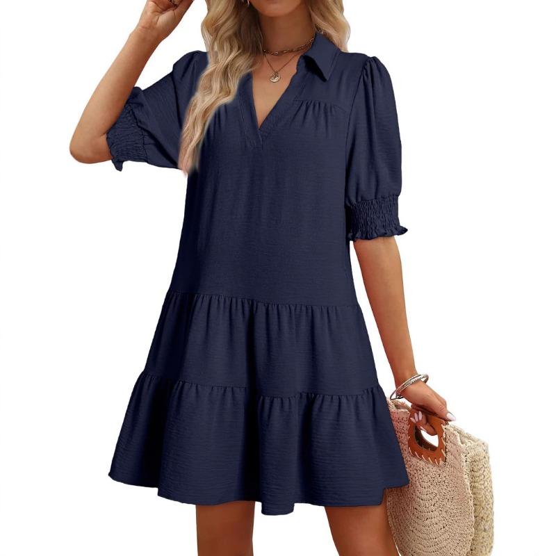 Spring and Summer Pleated V-neck Solid Color Patchwork Sleeved Dress