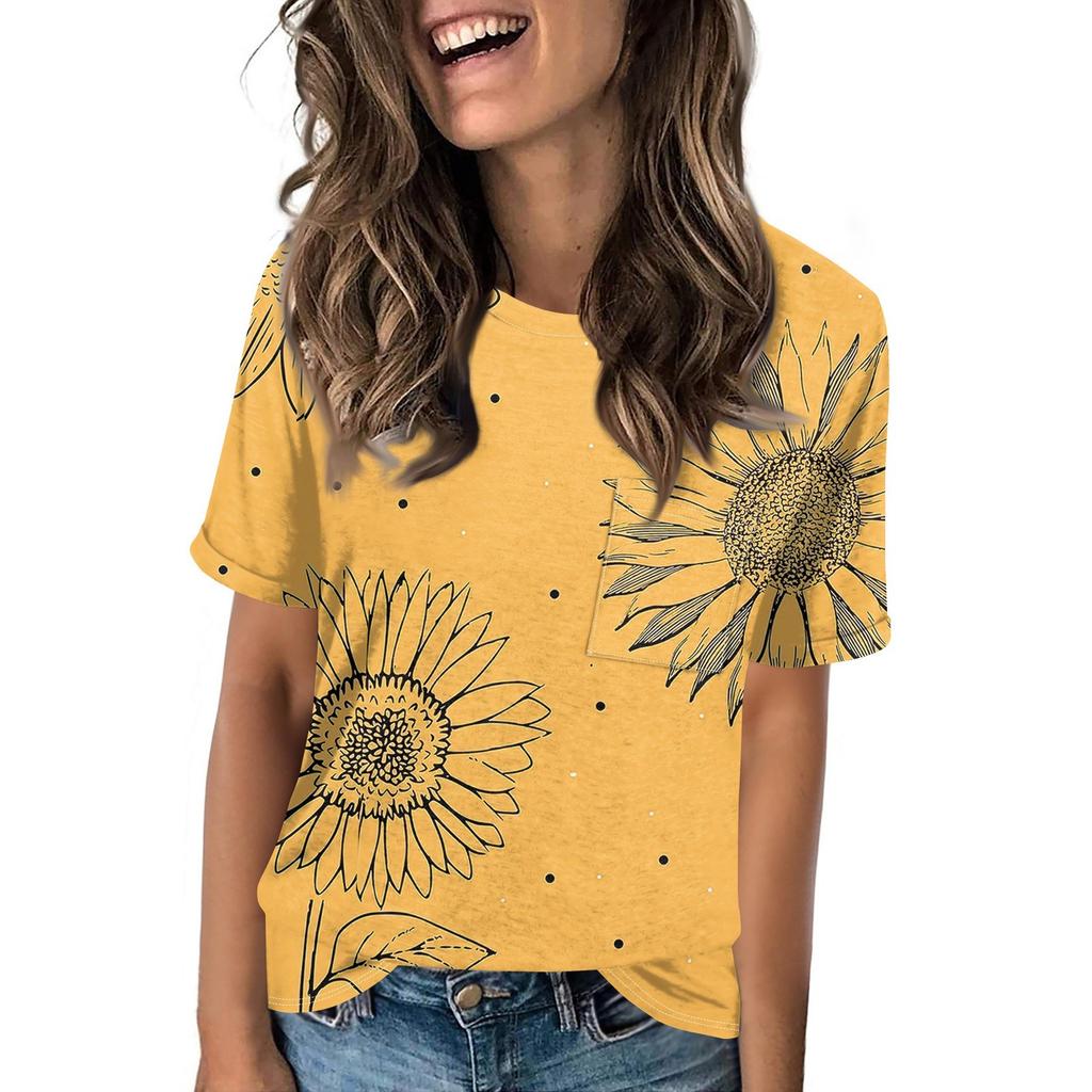Women's Pocket Floral Print Summer Short Sleeved Round Neck Casual Loose T-shirt Top