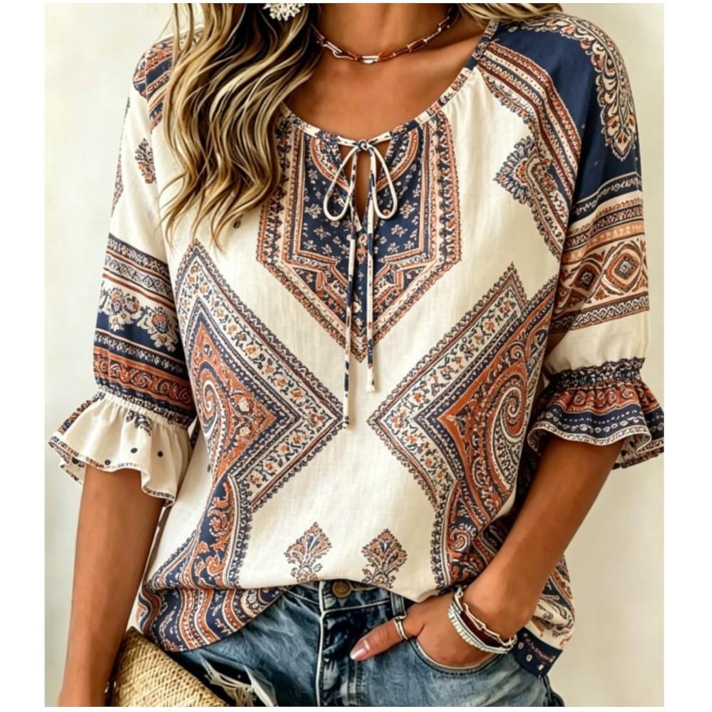 Women's Boho Paisley Geometric Print Shirt Tie Neck Ruffled 3/4 Sleeve Loose Casual Top for Vacation Daily Wear