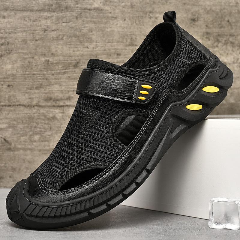 

Летние мужские пляжные сандалии, нескользящие, дышащие, повседневные туфли, модные, универсальные, на липучках, для ходьбы, кроссовки в римском стиле, Hombre 44 чёрный