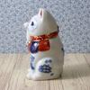 Yakushigama paw blue and white good fortune and prosperity good luck Maneki-neko (beckoning cat) (right raised, 3.5 inch), porcelain, (with sticker)