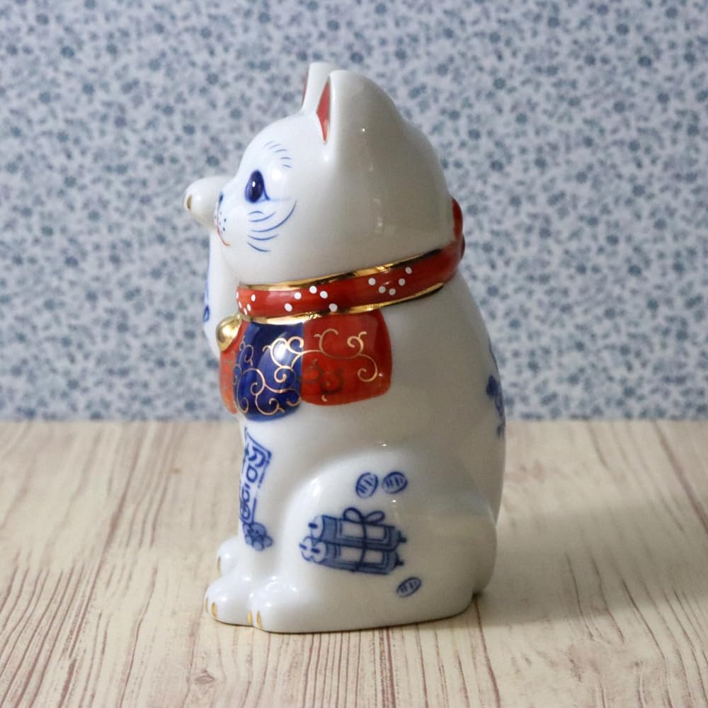 Yakushigama paw blue and white good fortune and prosperity good luck Maneki-neko (beckoning cat) (right raised, 3.5 inch), porcelain, (with sticker)